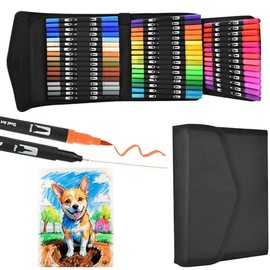 48 Colores Plumones Doble Punta Pencil, POVOLE Marcadores Cepillo de Nailon y Punta Fina 0.4/1-2mm Niños y Adultos, Colorear Mezclables Rotuladores a Base de Agua, Lettering Dibujar Caligrafía