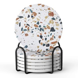 LIFVER Absorbent Drink Coasters with Holder, Set of 6 Ceramic Coasters Set with Cork Base, for Kinds of Drinking Glasses, 4 Inches Stone Coasters for Home Decor, White Elephant Gifts for Adults