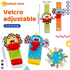 QINREN Baby Foot Finder Socks & Wrist Rattles Toys, Baby Rattle Socks Wrist Strap Rattles Set, Soft Animal Rattle Development Toy Baby Sensory Toys for Babies 0-6 Months Newborn Gift