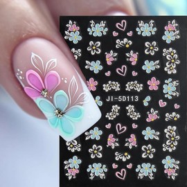 5D Flower Nail Art Stickers, 5D Embossed Pink White Flowers Nail Decals Hibiscus Small Flower Butterfly Summer Nail Art Supplies Luxurious Summer Nail Design for Women Manicure Decoration(3 Sheets)