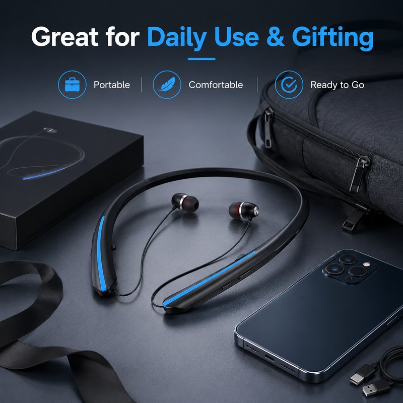Neckband Bluetooth Earbuds for Calls & Music – Retractable Wireless
