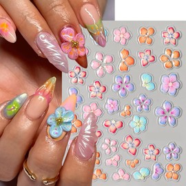Flower Nail Art Stickers Decals 5D Summer Nail Sticker 3PCS Colorful Floral Designs Nails Adhesive Stickers Slider Manicure Accessories Flower Stickers for Women Nail Art Charms Decorations