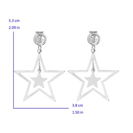 Non-Pierced Double Star Cuff Clip-On Earrings | Hollow Star Drop Earrings for Women Girls | Hypoallergenic Silver/Gold/Black Fashion Jewellery | Dainty Party Gift with Velvet Pouch (Silver)