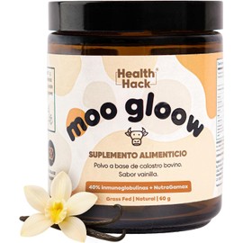 Moo Glow Calostro Bovino en Polvo 60g 40% Proteínas Bioactivas + NutraGamax Grass-Fed Apoyo Nutricional Diario para Bienestar General, Rutina Activa y Equilibrio Interno Vainilla Health Hack