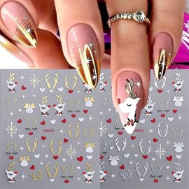 Christmas Nail Art Stickers Gold Silver Elk Nail Decals Winter Xmas Nail Stickers 3D Self Adhesive Nail Decoration Snowflake Reindeer Nail Design Christmas Nail Art Decals for Women Nail Decorations