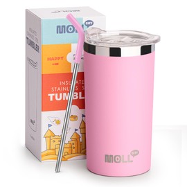Mollcity - Vaso para niños con tapa y popote, de acero inoxidable de 12 onzas con aislamiento al aspiradora (morado rosa)