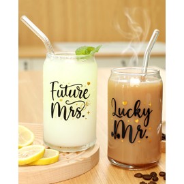 Nefelibata Future Mrs. Lucky Mr. Coffee Cups Beer Can Glasses Set of 2 Engagement Gifts Cup Wedding Bride Groom for Cocktail Juice Large 16 oz Drinking Glass Mason Jar For Couple Wife Husband Woman