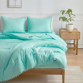 Kid's Bedding Comforter Set Queen Size - Bed in a Bag Queen 5 Pieces for Teen Girls, Ball Pom Fringe Bedding Sets with Bed Comforter, Sheets, Pillowcases