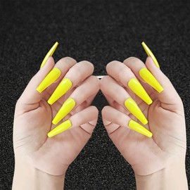 Allereya Super Long Coffin False Nails Ballerina Yellow Press On Nails Prom Party Clip On Nails Super Long Full Cover Acrylic Nails Art for Women and Girls Pack of 24 (Yellow)