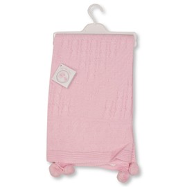 My Little Chick Knitted Baby Wrap Blanket with Pointelle Pattern and Pom-Poms (Pink)