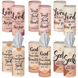 Outus 12 Pack Christian Car Tissues Cylinder Holder with Facial Tissue Bulk Round Bible Verses Napkins Container for Car Home Travel Prayer Church Gifts, 6 Designs