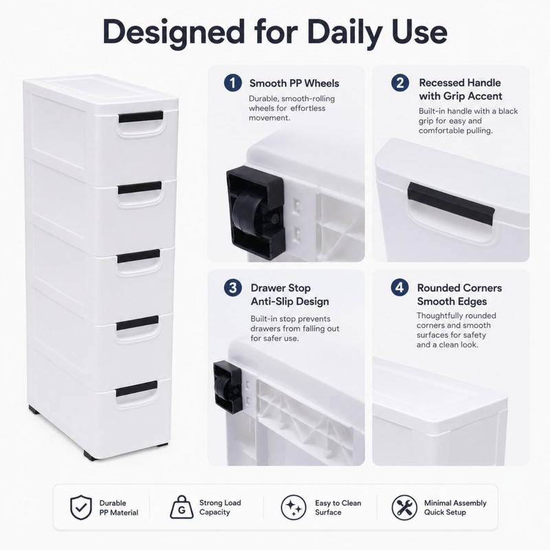 5-Drawer Narrow Storage Cabinet with Wheels, Slim Plastic Storage Drawers
