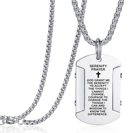 Rehoboth Men's Stainless Steel Dog Tag Bible Verse Serenity Prayer Cross Pendant Necklace for Men Women 24 Inch Chain Silver