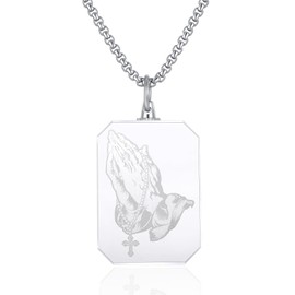 3D Crystal Photo Necklace with Praying Hands Religious Memorial Jewelry Engraved Christian Gift