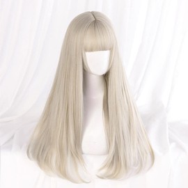 Semi-Long, Beige x White Wig, Women's Wig, Straight, Natural, Harajuku, Popular, Small Face, Cute, Net Included