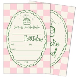 SIXEIGHT Retro Modern Girls Birthday Party Invitations, 20 Fill-in Style Invitation Cards with Envelopes & Decoration - Pink Plaid, 4x6 inches