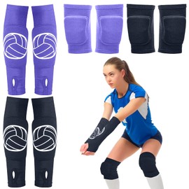 Sosation 2 Set Volleyball Knee Pads and Volleyball Arm Sleeves with Protection Pad Compression Forearm Wrist Guard with Thumb Hole Soft Breathable Pads for Hitting Passing(Black, Purple)