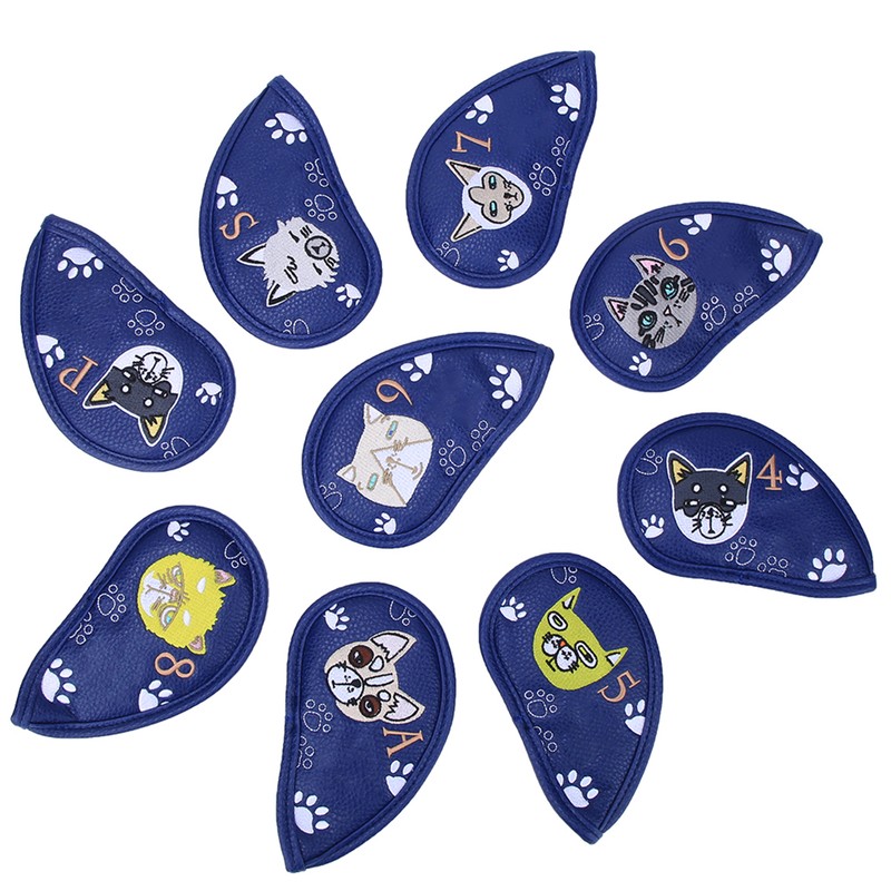 9PCS PU Leather Embroidery Waterproof Golf Putter Head Cover Iron