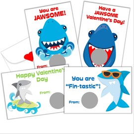 Shark Valentine's Day Scratch Off Card for Kids, DIY Scratch Off Valentines Day Card, Class Valentine, Pack of 24 Cards with Envelopes