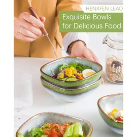 HENXFEN LEAD Ceramic Cereal Bowls, Square Serving Bowls 22 Oz for Side Dish, Appetizers, Salad - Oatmeal, Soup, Fruit Bowls Microwave Oven Safe, Set of 4 - Reactive Green