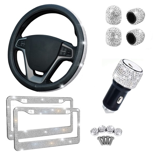 HAOKAY Bling Car Accessories Set for Women, 8-Pack Universal Diamond Steering Wheel Cover, Bling License Plate Frame, Bling Car USB Charge, Bling Valve Stem Cap,Bling Car Decor Set (Black- 8P)