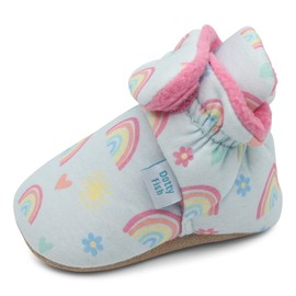Dotty Fish Warm Fleece-Lined Baby Booties. Non-Slip Suede Sole. Blue with Rainbows and Hearts. 12-18 months