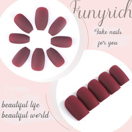 Funyrich Coffin Fake Nails Red Long Press on Nails Matte Full Cover False Nail for Women and Girls （24Pcs）