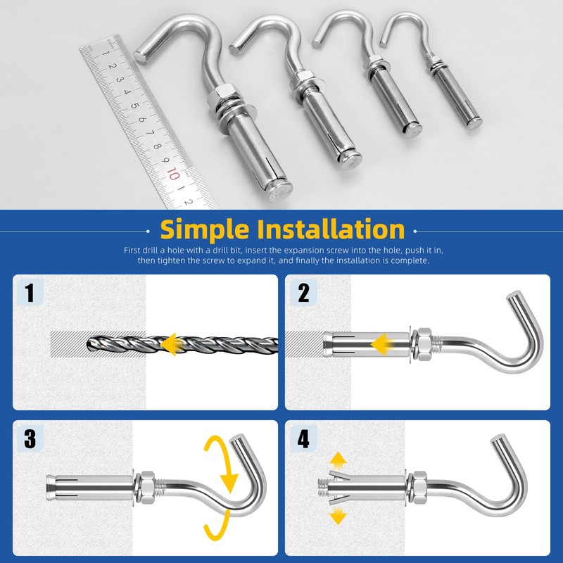 Glarks 6pcs M8 Expansion Hook Set, 304 Stainless Steel Open