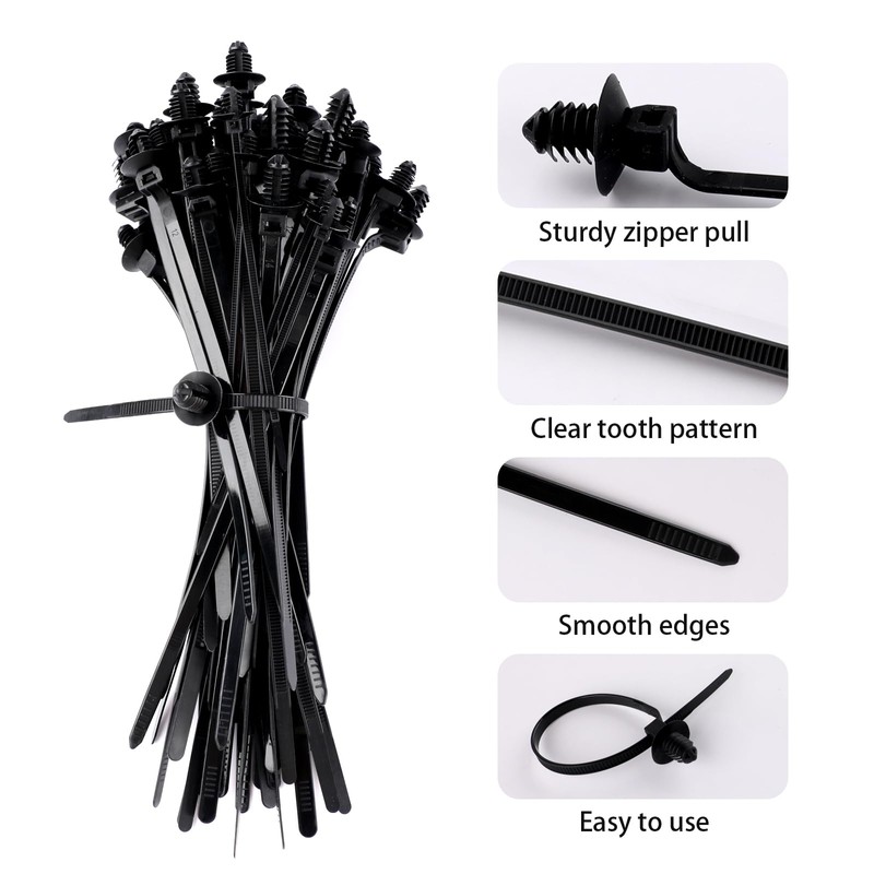120 Pcs Push Mount Zip Ties in 6 Assorted Sizes,Black