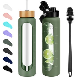 FULBEVY 32 oz Glass Water Bottles - 1 Liter Motivational Tumbler With Time Marker - Borosilicate Glass With Silicone Sleeve and 2 Lids, Handle Spout & Bamboo Straw Lid