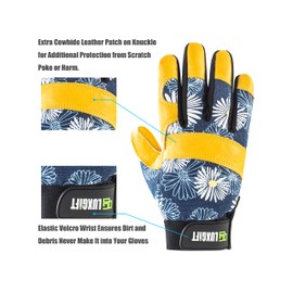 LUXGUFT Breathable Gardening Gloves with Cowhide Leather for Yard Work, Farm, Warehouse, Outdoor, Construction, Motorcycle | Thorn Proof, Adjustable Wrist | Navy