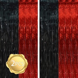 BEISHIDA 2Pcs Red Black Door Streamer Casino Backdrop Foil Fringe Tinsel Casino Horry Party Curtains Backdrops for Casino Party Horry Party Hallowen Decoration (3.28 ft x 6.56 ft)