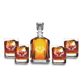 Custom bourbon decanter set With box- Monogrammed Decanter for Best Man- Decanter and 4 Snifter Glasses Decanter Set With wooden Box- Deer Antler Groomsmen name engraved