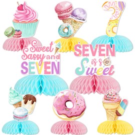 Jollyboom Sweet Sassy and Seven Birthday Decorations Girls, 8pcs Donut Ice Cream 7th Birthday Decorations Table Honeycomb Centerpiece for Girls Seven Is So Sweet 7 Year Old Birthday Party Table Decor