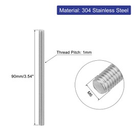 sourcing map 4Pcs Fully Threaded Rod, M6 x 90mm 304 Stainless Steel Right Hand Thread Bar Studs M6-1 Thread Pitch for Furniture Machinery Assembly