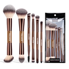 MAANGE Brochas para Maquillaje Profesional, 6 Piezas de Doble Punta con Mango de Aluminio para un Maquillaje Versátil y Sin Esfuerzo (café)