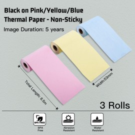 Memoking T02/M02X/M02L Pink/Yellow/Blue Thermal Paper-5-Year Non-Sticky 53mmx6.5m for Journal Photo Texts Study Notes and More, 3 Rolls