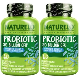 NATURELO NATURELO Probiotic Supplement - 50 Billion CFU - 11 Strains - One Daily - Helps Support Digestive & Immune Health - Delayed Release - No Refrigeration Needed - 120 Vegan Capsules