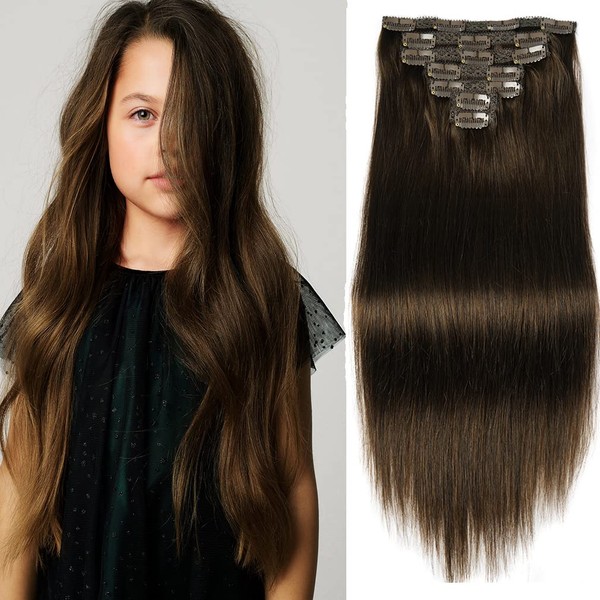 18" Clip in Human Hair Extensions Full Head 150g 7 Pieces 16 Clips 4# Chocolate Brown Double Weft Brazilian Real Remy Hair Extensions Thick Straight Silky (18",150g Chocolate Brown)