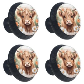 NEWzone 4 Pack Drawer Pulls Highland Cow Daisies Cabinet Knobs Round Dresser Drawer Knobs Black Dresser Knobs Drawer Knobs Cabinet Hardware for Kitchen Bathroom Cupboard