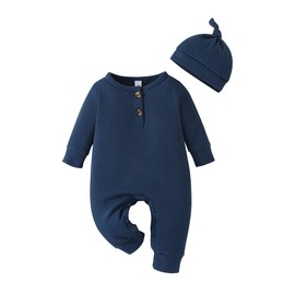 Luolabala Baby Boy Clothes Solid Simple Romper Jumpsuit with Hat Clothing Sets Blue 3-6months