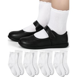 Shyyween 4 Pairs Girls School White Sock School Uniform Dress Socks Ruffle Ankle Crew Socks for Girls Kids Size 4-12 Years(Solid,4-6 Years)