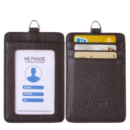 Cow Leather ID Badge Holder with Lanyard (Full Grain Leather, 3 x 4.5 inches), 1 Clear ID Window and 3 Card Slots, Nylon Neck Lanyard with Rotatable and Removable Metal Clasp, Vertical Name Badge
