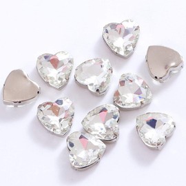 Sew On Rhinestones 50PCS Heart Rhinestones with Silver Prongs Setting,12 mm Glass Rhinestone for Crafts, Clothes, Shoes, Dance Costume,White