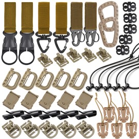 48PCS Tactical Gear Clip Set Molle Webbing Attachments for Backpack Bag Vest Belt with Nylon Strap Hook, D Ring Grimlocks Locking, Web Dominators, Elastic Strings and Molle Accessories (Khaki)