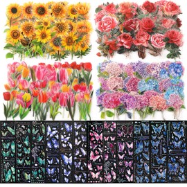 JUNEBRUSHS 412pcs Clear Flower Butterfly Stickers Set, Transparent Pressed Floral Botanical Aesthetic Stickers for Scrapbook Supplies Water Bottles Laptops Card Bullet Journal Arts Craft Collage