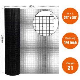 Zevemomo 24" x 50' 1/4 inch Hardware Cloth Galvanized Chicken Fencing Metal Wire Mesh Roll for Garden Pet Cage Rabbit Barrier, Black-PVC