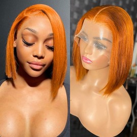 Flady Ginger Orange Bob Wig Human Hair 13x4 HD Lace Front Wigs Human Hair Pre Plucked with Small Knots 150% Density 350# Colored Lace Frontal Bob Wigs Straight Bob Wigs for Black Women 10 inch