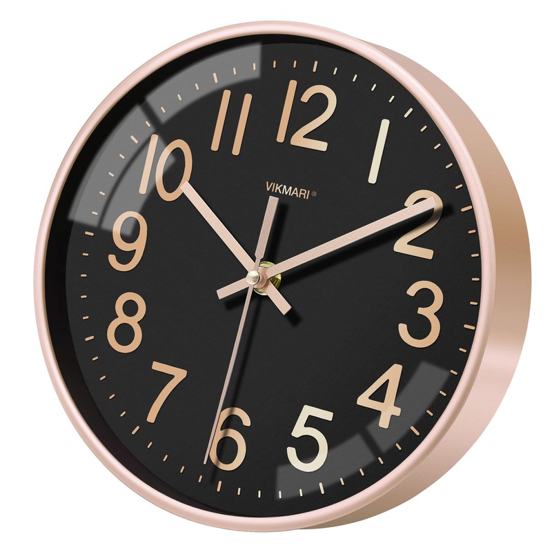 VIKMARI 10 Inch Wall Clock, Silent Black & Gold Easy