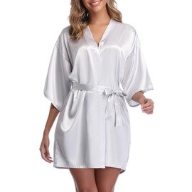 Vlazom Women's Kimono Robes Dressing Gown Satin Bathrobe Nightdress Pure Colour Short Style with Oblique V-Neck, Silver, M(UK 8-10)